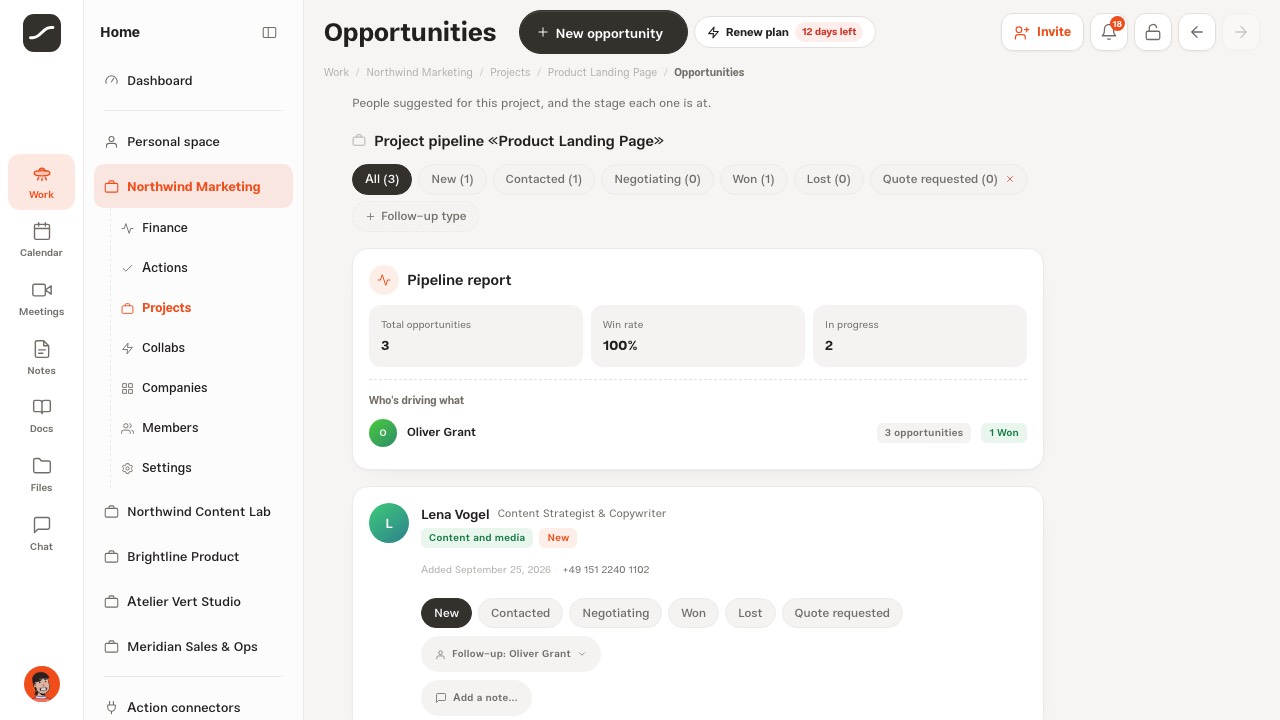 A project's pipeline with the report, the win rate and a custom stage