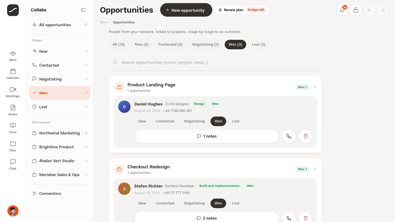 The opportunities second column with stages, workspaces and connectors, filtered to Won