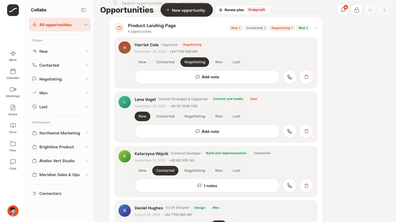 An opportunity card that has just moved to Negotiating, with the group's count updated