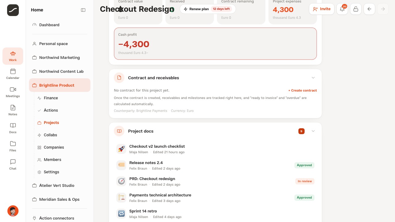 A project page with the project's finances and the Contract and receivables section