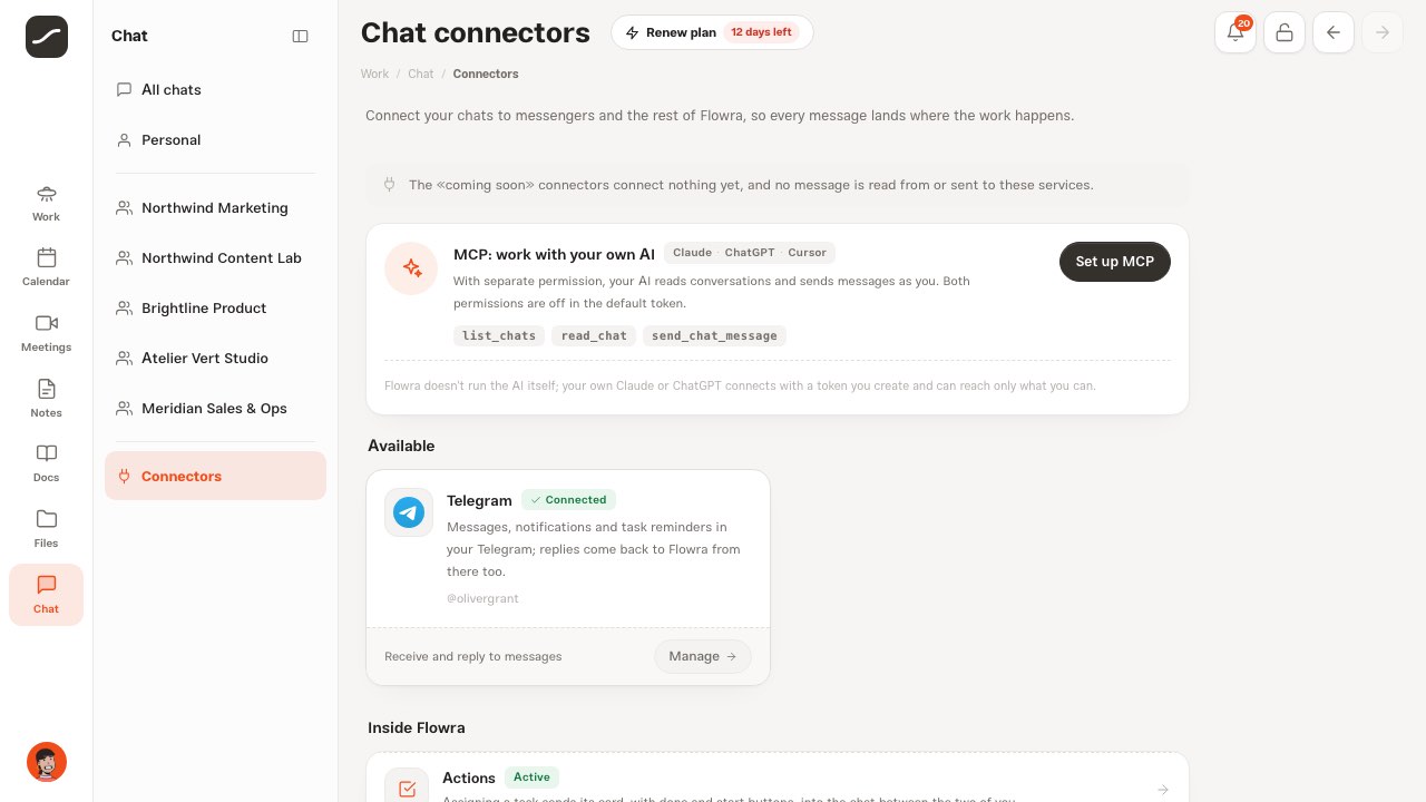 Chat connectors with the Telegram card and its connection badge