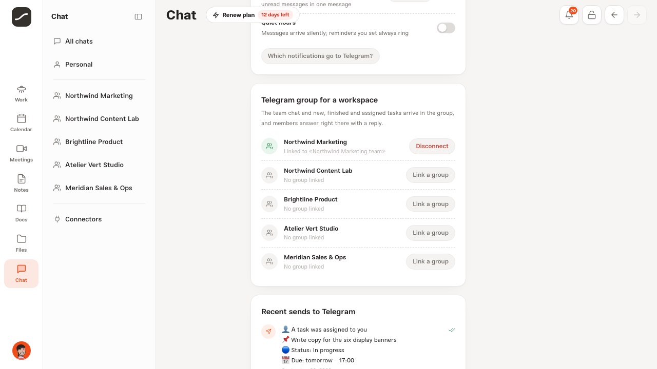 The Telegram group card with workspaces and the “Link a group” button