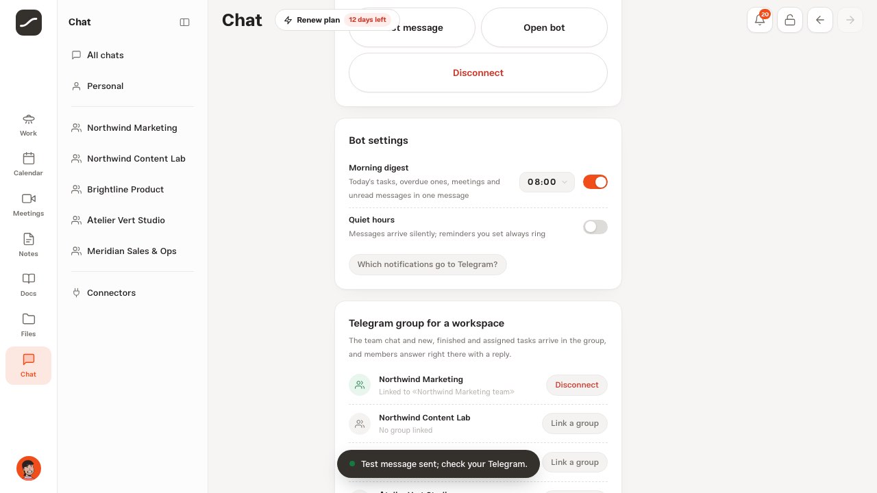The Telegram bot page after connecting, with what it sends and the bot commands
