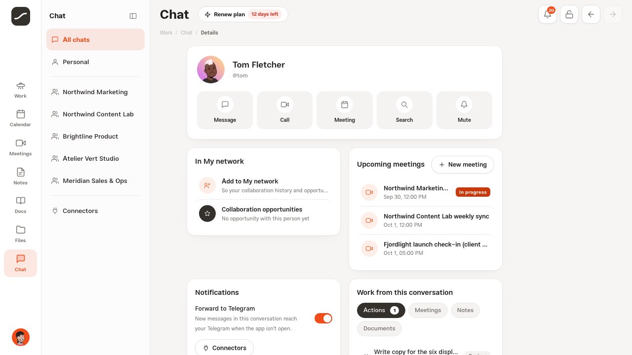 A chat's info page with the “Forward to Telegram” switch