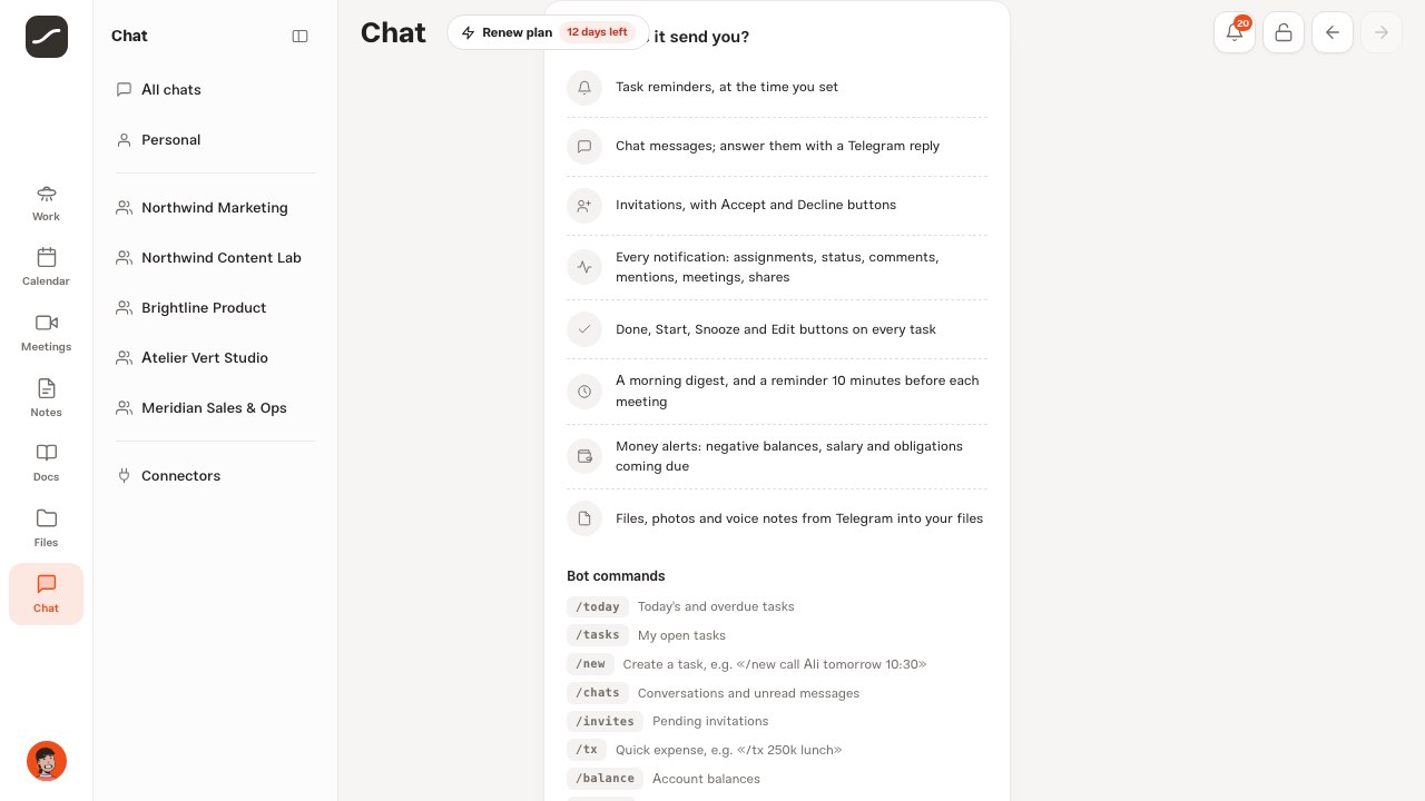 The bot settings card with the morning digest and quiet hours