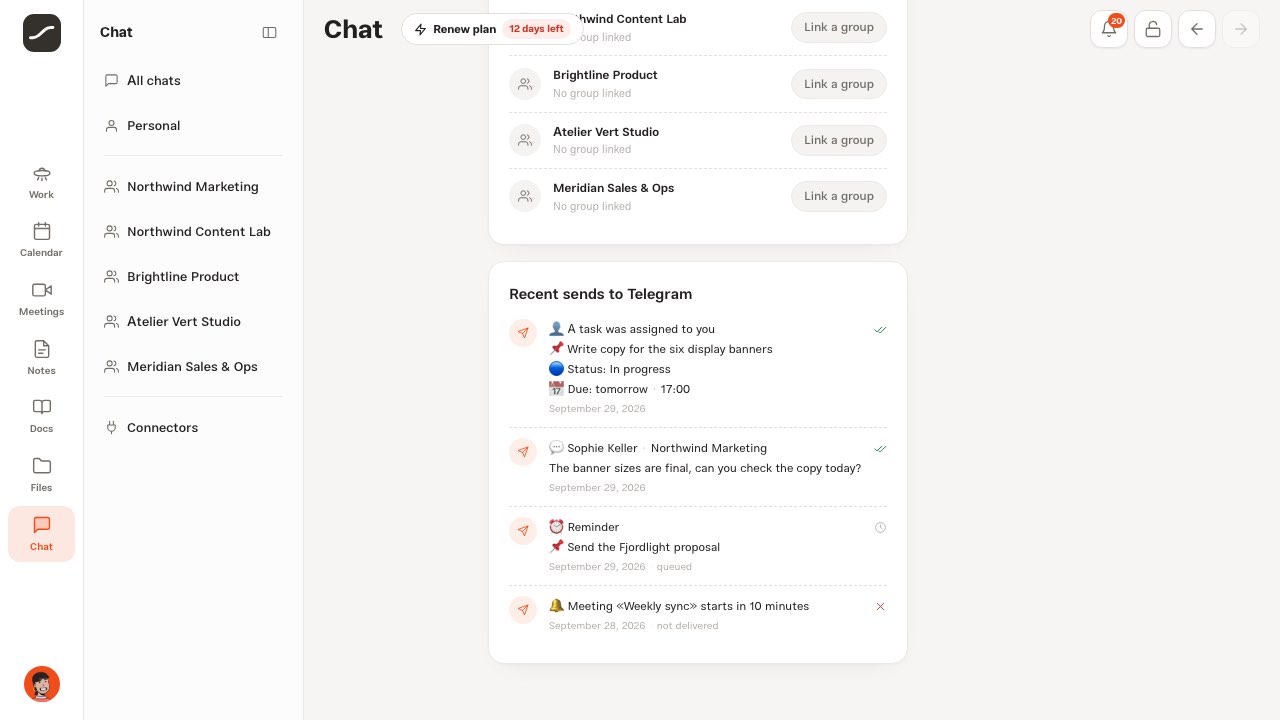 Recent sends to Telegram, with the Test message and Disconnect buttons